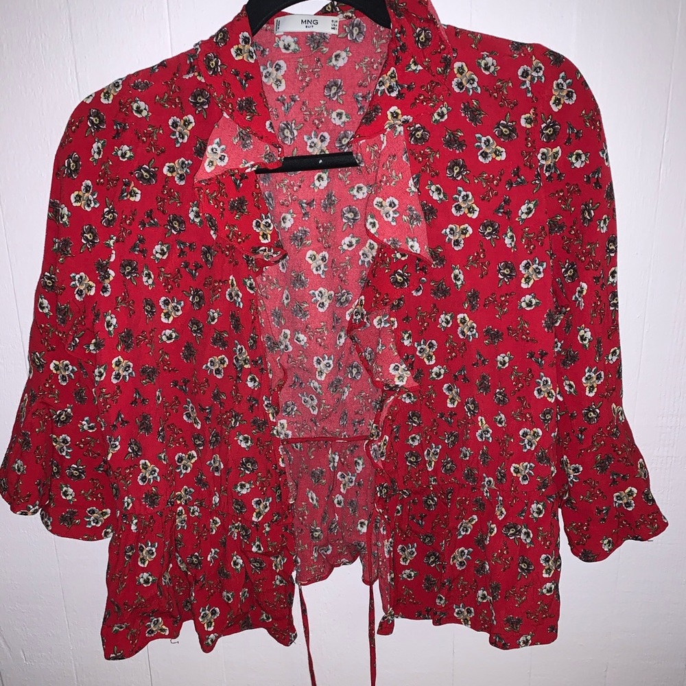 Red Floral Wrap Top with Ruffles